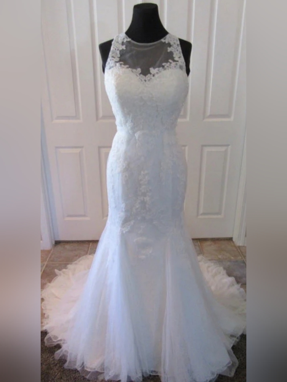 White Lace Mermaid Wedding Dress with Illusion Neckline